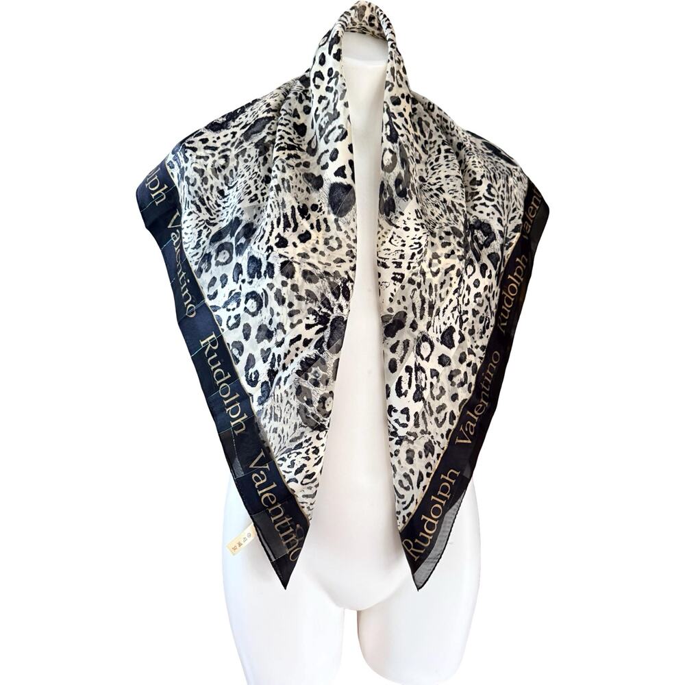 Vintage Rudolph Valentino Silk Leopard Print Scarf 1980s Black Gold Border 35x35 - Picture 4 of 9